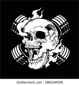 skull head with barbell and fire logo vector template