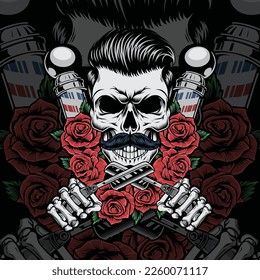 skull head barbershop and red flowers roses  logo vector