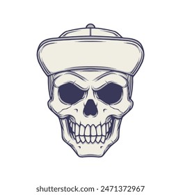 Skull head with baseball cap illustration. Cartoon skull wearing a hat vector. Isolated on white background.