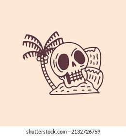 Skull head, beach, and palm tree, illustration for t-shirt, poster, sticker, or apparel merchandise. With retro cartoon style