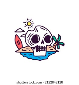 Skull head, beach, sea, surfing board, palm tree and sun, illustration for t-shirt, sticker, or apparel merchandise. With doodle, soft pop, and vintage style.