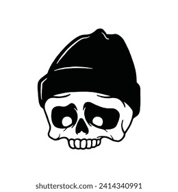 Skull head with beanie hat isolated vector illustration. Design element for shirt design, logo, sign, poster, banner.