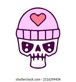 Skull head in beanie hat with love symbol, illustration for t-shirt, poster, sticker, or apparel merchandise. With cartoon style.