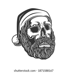 skull head bearded with santa hat. merry christmas.