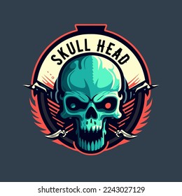 skull head biker badge logo template design vector illustration