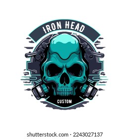 skull head biker badge logo template design vector illustration
