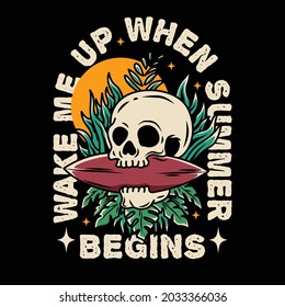 skull head bited the surfing board, and summer leaf arround, with the sun behind