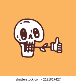 Skull head biting thumb up symbol, illustration for t-shirt, sticker, or apparel merchandise. With retro cartoon style.
