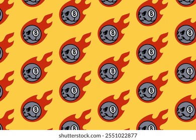 skull head with black ball billiard, fire seamless pattern on yellow background. grim skull with 8 ball pool, flame object illustration pattern background for billiard decoration and merchandise 