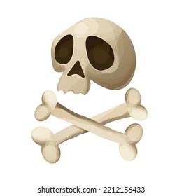 Skull, head with bones in cartoon style isolated on white background. Halloween or Dead day scary decoration, clip art