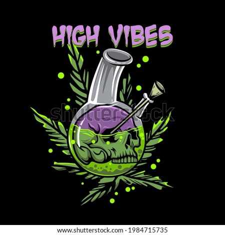 skull head in the bong with cannabis leaf behind