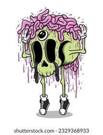 Skull head with brain doodle hand drawn illustration vector design