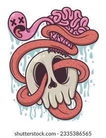 Skull head with brain doodle hand drawn illustration vector design