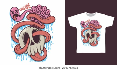 Cabeza de cráneo con diseño de camiseta de doodle cerebral y prendas de vestir