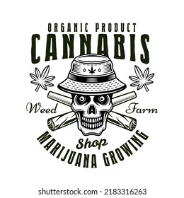 Skull head in bucket hat and two crossed weed joints vector emblem, badge, label or logo in vintage monochrome style isolated on white background