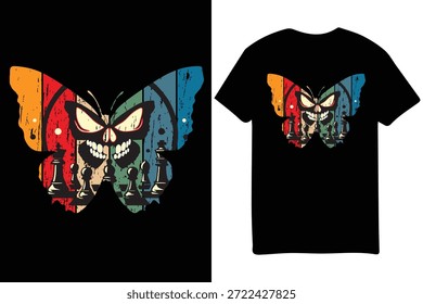 Cabeça do crânio borboleta ilustração vetor tatuagem, design de camisa, rosto irritado editável,