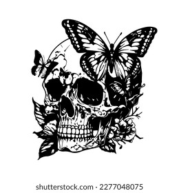 skull head and butterfly line art hand drawn illustration