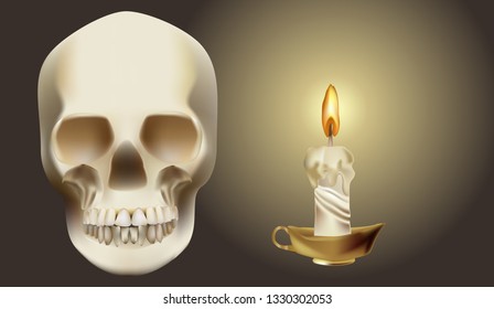Skull head and candle with brass candle pillar, with brownbackground-เวกเตอร์