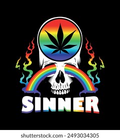 Skull Head With A Cannabis Symbol and a smoking rainbow. Fire Rainbow. Weed. Cannabis. Skull. Head. Trippy. High. Smoking. Drug Skull Bones free vector