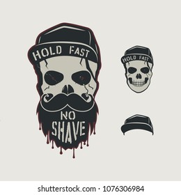 Skull head character. VIntage hand drawn design with cap, beard, mustache and words - hold fasy, no shave. Unusual hipster patch for barbershops poster. Stock vector isolated on retro background.