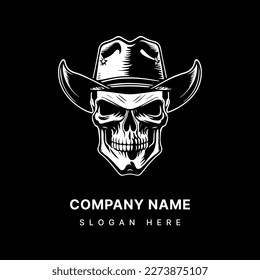 Skull head with cowboy hat hand drawn illustration white ink