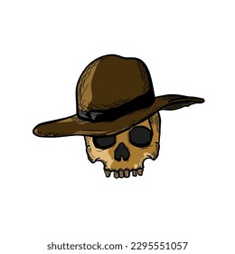 Skull head with Cowboy hat, straw or famer hat vector art illustration, Skull art for clothing design, wall art, wallpaper, Skull logo, t-shirt print.