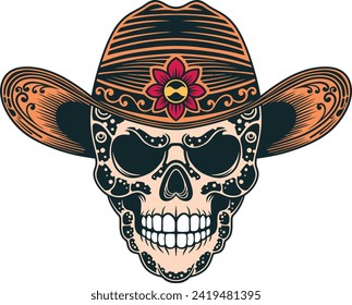 Skull head with cowboy hat vector illustration