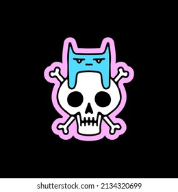 Skull head with crossed bones and bored cat, illustration for t-shirt, street wear, sticker, or apparel merchandise. With doodle, retro, and cartoon style.