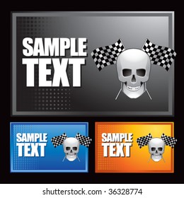 skull head with crossed checkered flags on multicolored banners
