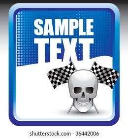 skull head with crossed checkered flags on blue banner