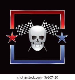 skull head with crossed checkered flags on red and blue star outline