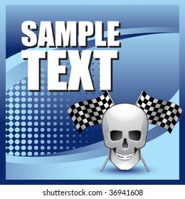 skull head with crossed checkered flags on blue halftone banner