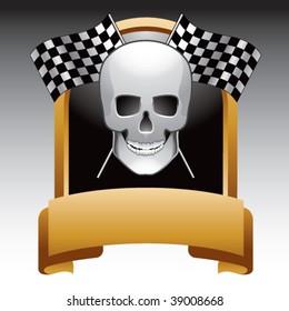 skull head with crossed checkered flags on gold display