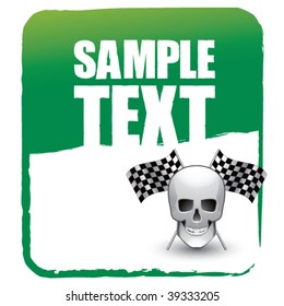 skull head with crossed checkered flags on green banner template