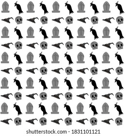 Skull head and crow with hat for halloween pattern concept