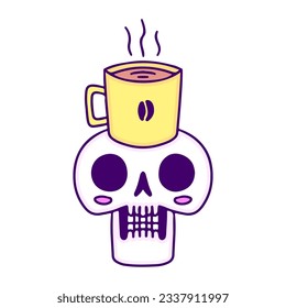 Skull head and a cup of coffee, illustration for t-shirt, sticker, or apparel merchandise. With doodle, retro, and cartoon style.