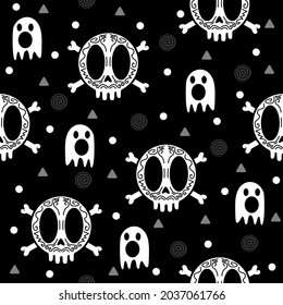 Skull head with cute ghost pattern illustrations