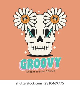 skull head with daisy flower retro groovy cartoon character illustration