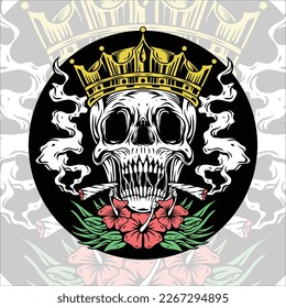 skull head design wearing crown smoking weed and hibiscus flower