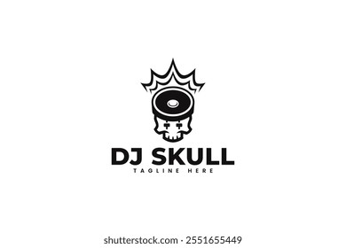 skull head with dj mixer controller, vinyl record, music wave modern logo design template for music instrument and entertainment company business  