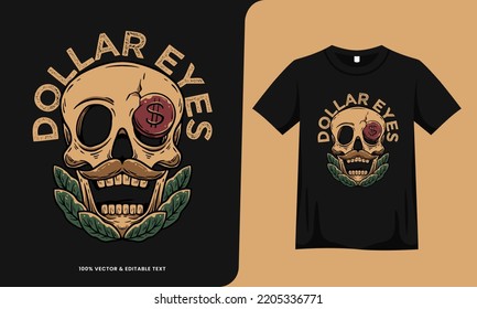 skull head dollar coin retro vintage design with tshirt template