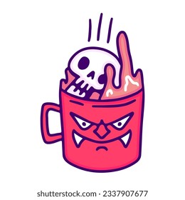 Skull head falling into devil mug, illustration for t-shirt, sticker, or apparel merchandise. With doodle, retro, and cartoon style.