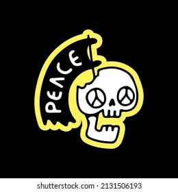 Skull head and flag with peace typography, illustration for t-shirt, sticker, or apparel merchandise. With doodle, retro, and cartoon style.