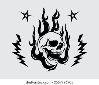 Skull head with flame and thunder clip art vector tattoo style ink sticker t shirt print art design editable