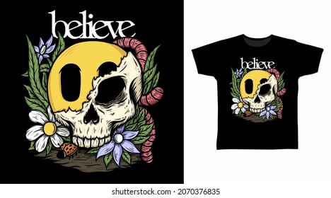 Skull head with flower art t shirt designs