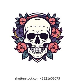 skull head with flower decoration clip art, blending dark aesthetics with delicate floral elements