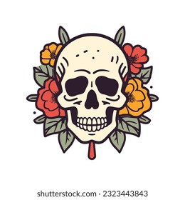 skull head with flower decoration clip art, blending dark aesthetics with delicate floral elements