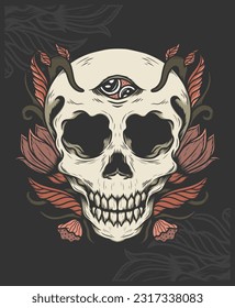 Skull head with flower hand drawn illustration vector designs