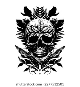 skull head with flower and leaf line art hand drawn illustration