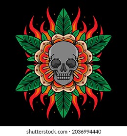skull head flower tattoo, vector EPS 10
